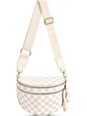Women's Beige Bum Bag Spacious Nylon Fanny Packs Checkered Cross Body Bag